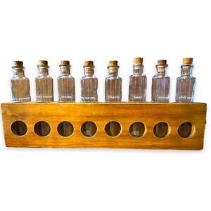 Vintage Spice rack Propagation Wood Stand 8 Bottles Glass